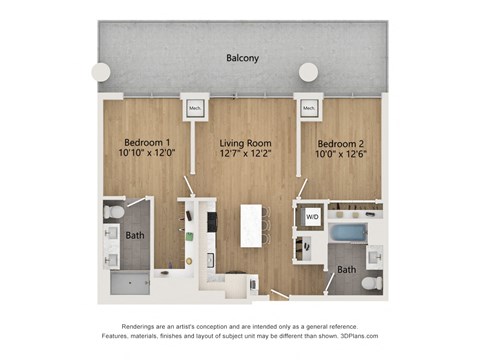 Floor plan for 2 beds, 2 baths, 897 sqft